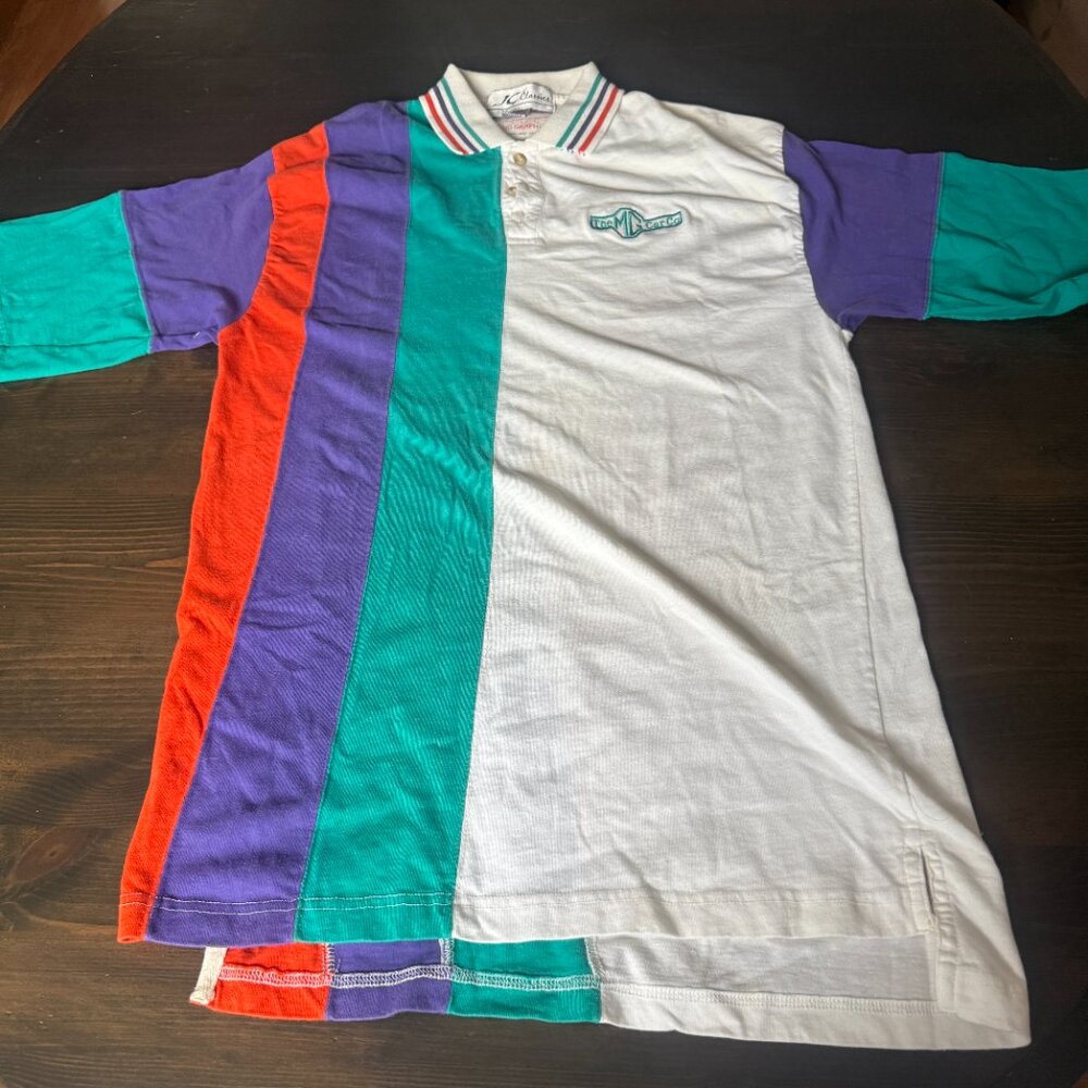 Vintage MG Car Club Polo Shirt Mens XL Striped Color Block 90s